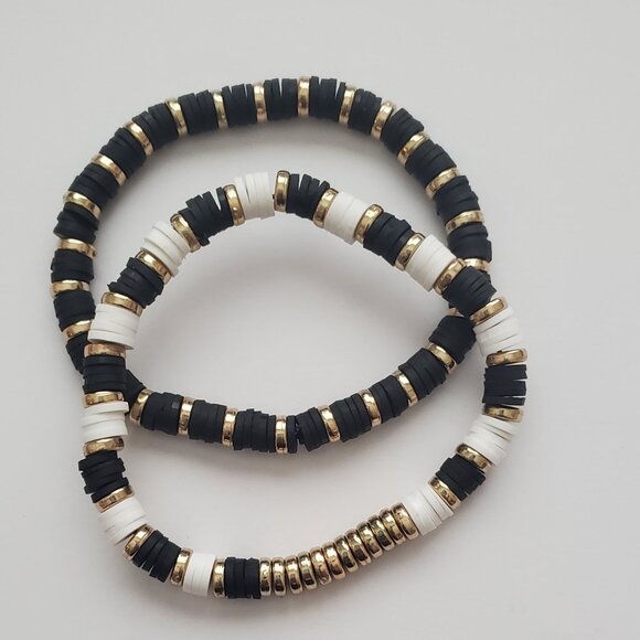 Handmade Black, White & Gold Heishi Bead Bracelet Set – Stackable Polymer Clay S - Picture 2 of 4